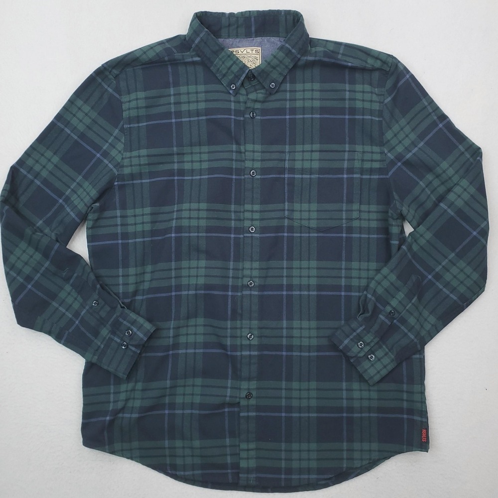 RSVLTS Borland Flannel Shirt Mens XL Green Plaid Stretch Button Down Long Sleeve